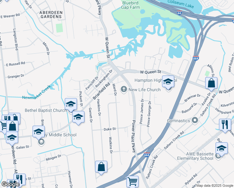 map of restaurants, bars, coffee shops, grocery stores, and more near 9 Ward Drive in Hampton