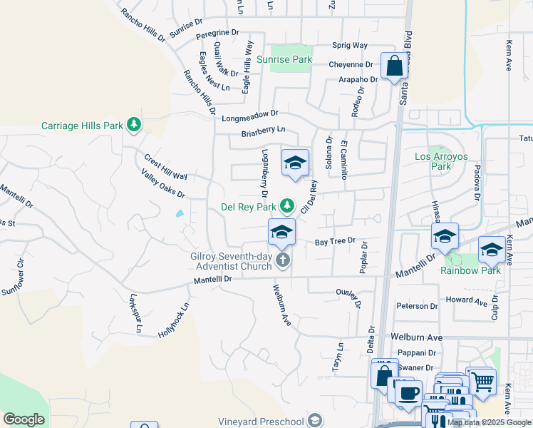 map of restaurants, bars, coffee shops, grocery stores, and more near 1477 Partridge Drive in Gilroy