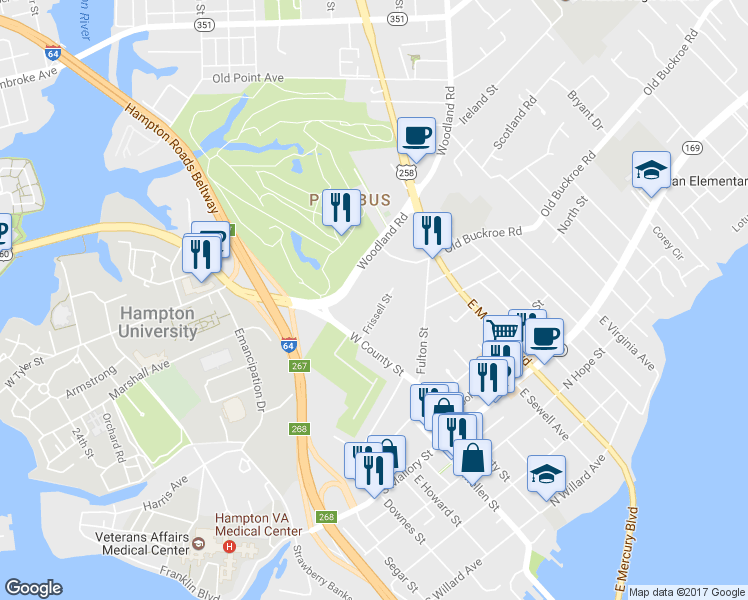 map of restaurants, bars, coffee shops, grocery stores, and more near 139 Frissell Street in Hampton