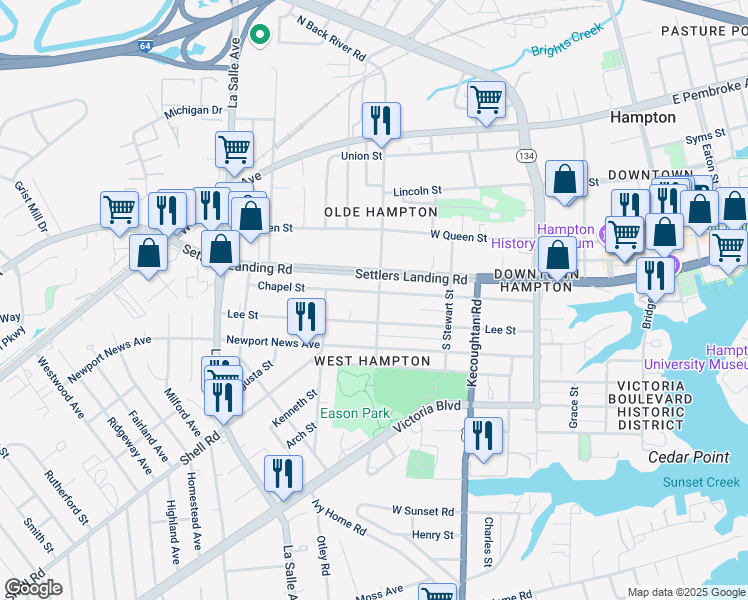 map of restaurants, bars, coffee shops, grocery stores, and more near 508 Lee Street in Hampton