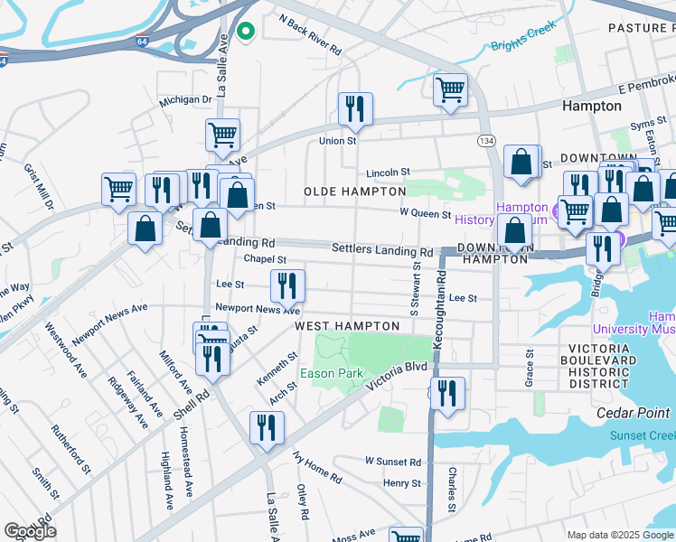 map of restaurants, bars, coffee shops, grocery stores, and more near 507 Chapel St in Hampton
