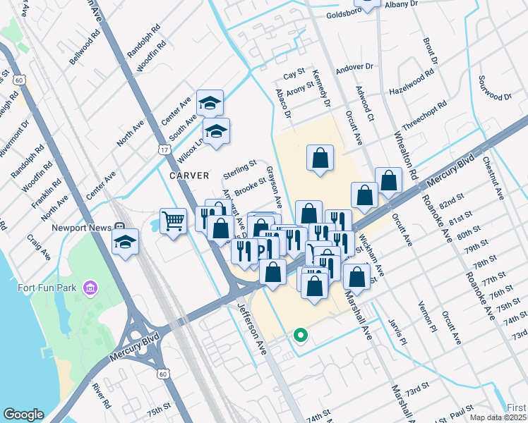 map of restaurants, bars, coffee shops, grocery stores, and more near 623 Morris Drive in Newport News