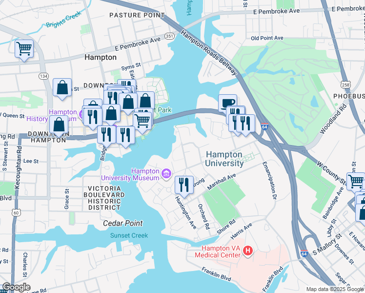 map of restaurants, bars, coffee shops, grocery stores, and more near 521 East Queen Street in Hampton