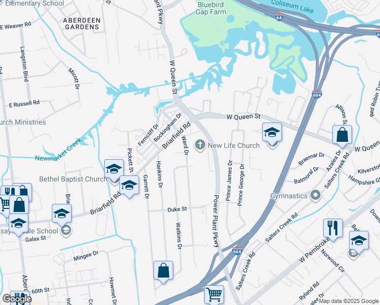 map of restaurants, bars, coffee shops, grocery stores, and more near 9 Ward Dr in Hampton