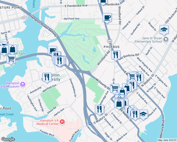 map of restaurants, bars, coffee shops, grocery stores, and more near 118 West County Street in Hampton