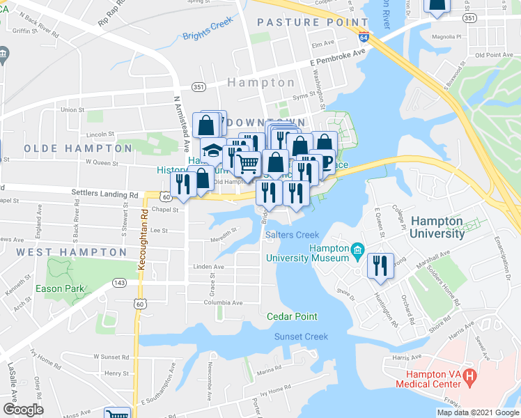 map of restaurants, bars, coffee shops, grocery stores, and more near 100 Bridge Street in Hampton
