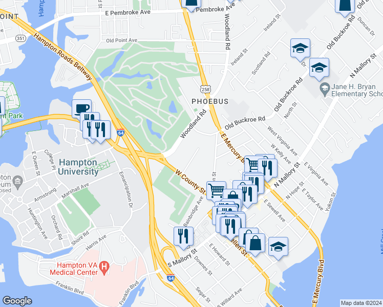 map of restaurants, bars, coffee shops, grocery stores, and more near 139 Frissell Street in Hampton