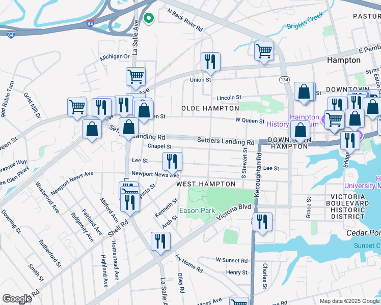 map of restaurants, bars, coffee shops, grocery stores, and more near 517 Chapel Street in Hampton