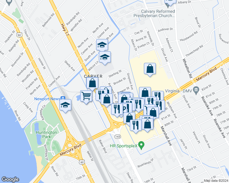 map of restaurants, bars, coffee shops, grocery stores, and more near 615 Brewer Street in Newport News