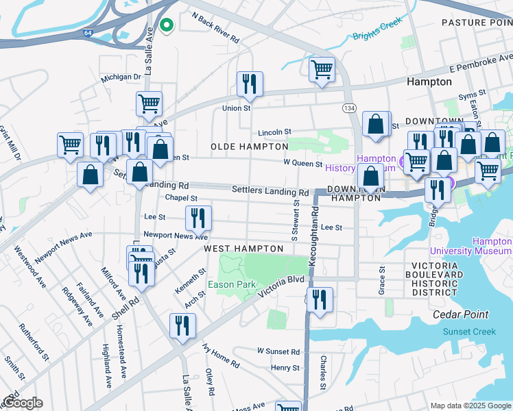 map of restaurants, bars, coffee shops, grocery stores, and more near 449 Chapel Street in Hampton