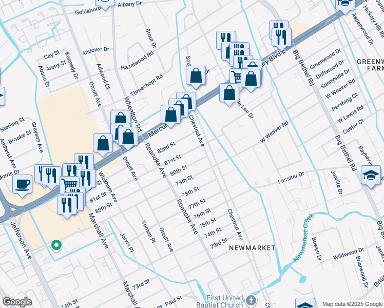 map of restaurants, bars, coffee shops, grocery stores, and more near 4809 81st Street in Newport News