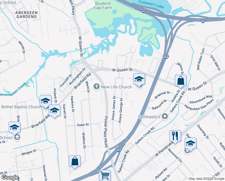 map of restaurants, bars, coffee shops, grocery stores, and more near 28 Prince James Drive in Hampton