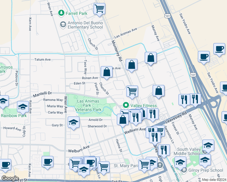 map of restaurants, bars, coffee shops, grocery stores, and more near 232 Loupe Court in Gilroy