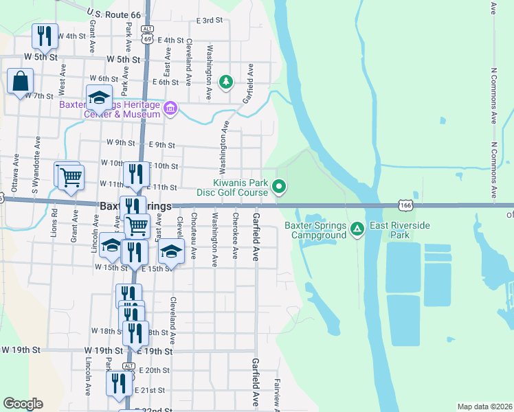 map of restaurants, bars, coffee shops, grocery stores, and more near 1201 Garfield Avenue in Baxter Springs