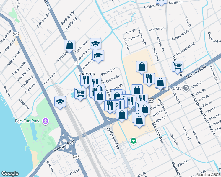 map of restaurants, bars, coffee shops, grocery stores, and more near 6103 Amherst Avenue in Newport News