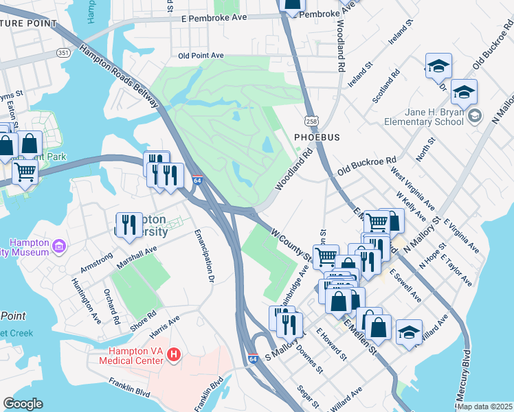 map of restaurants, bars, coffee shops, grocery stores, and more near 124 West County Street in Hampton