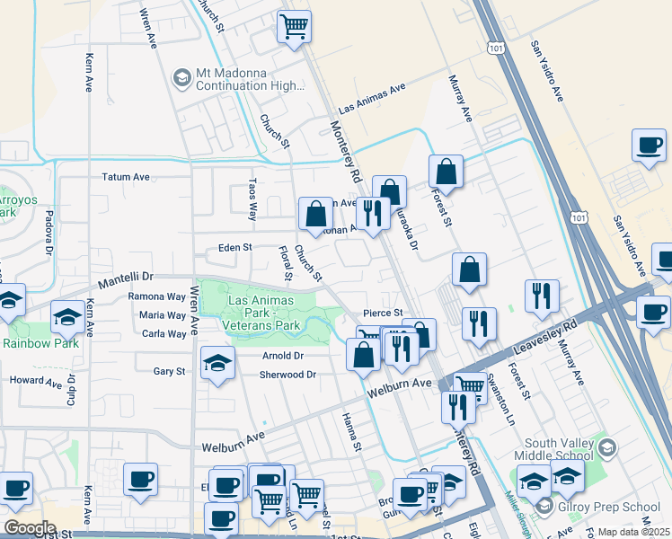 map of restaurants, bars, coffee shops, grocery stores, and more near 232 Loupe Court in Gilroy