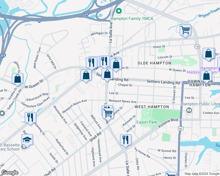 map of restaurants, bars, coffee shops, grocery stores, and more near 806 LaSalle Avenue in Hampton