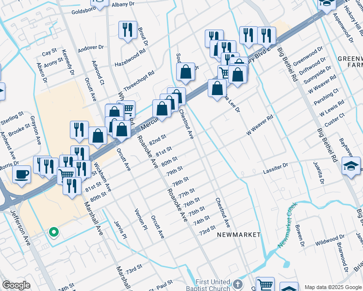 map of restaurants, bars, coffee shops, grocery stores, and more near 4809 81st Street in Newport News