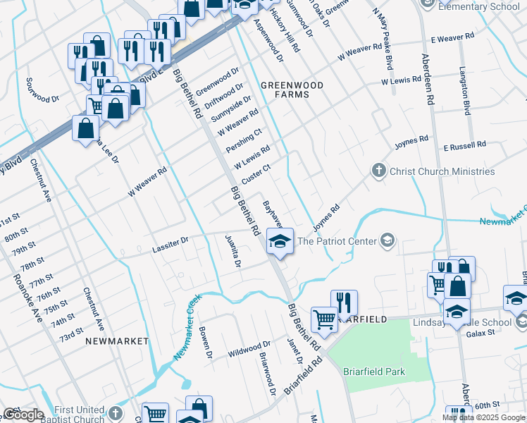 map of restaurants, bars, coffee shops, grocery stores, and more near 121 Bayhaven Drive in Hampton