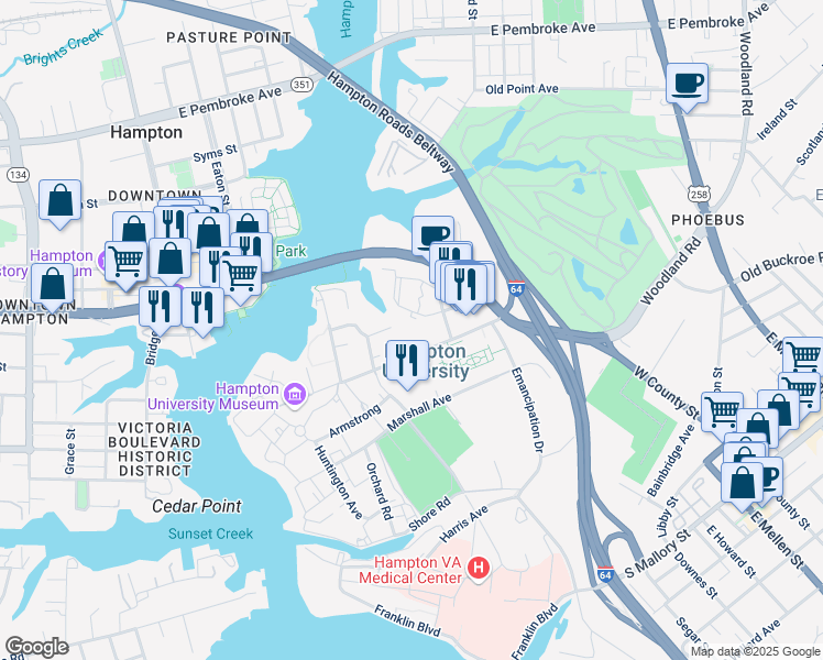 map of restaurants, bars, coffee shops, grocery stores, and more near 49 William R. Harvey Way in Hampton