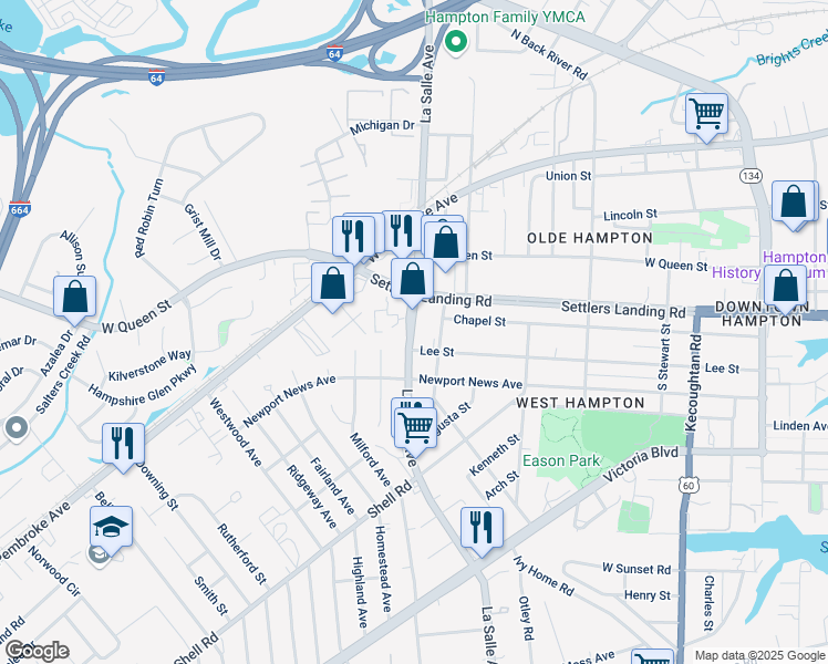 map of restaurants, bars, coffee shops, grocery stores, and more near 709 Lee Street in Hampton