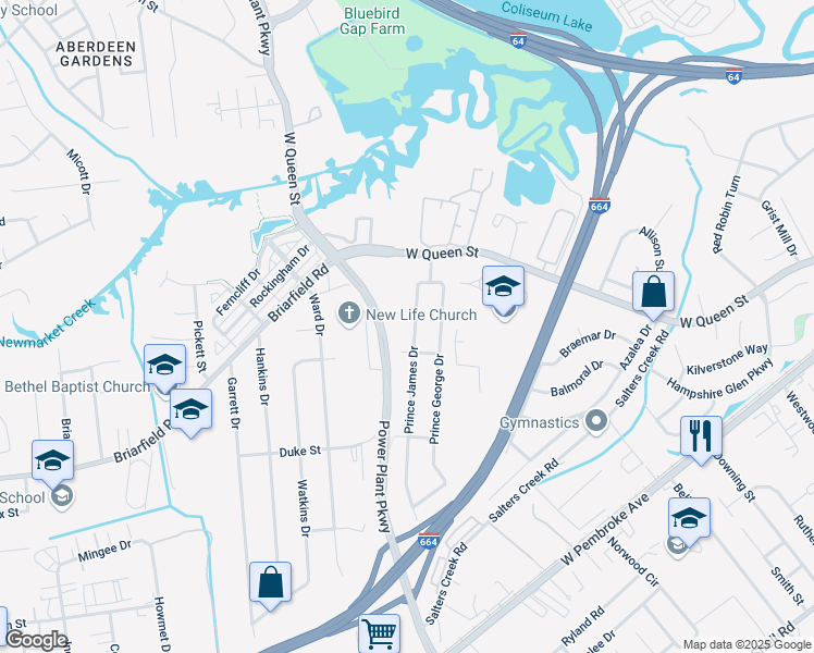 map of restaurants, bars, coffee shops, grocery stores, and more near 28 Prince James Drive in Hampton