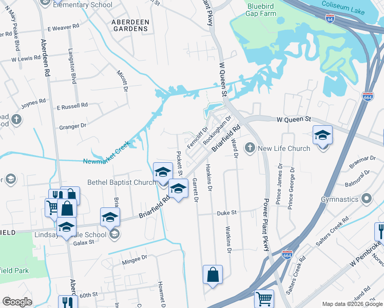 map of restaurants, bars, coffee shops, grocery stores, and more near 1665 Briarfield Road in Hampton
