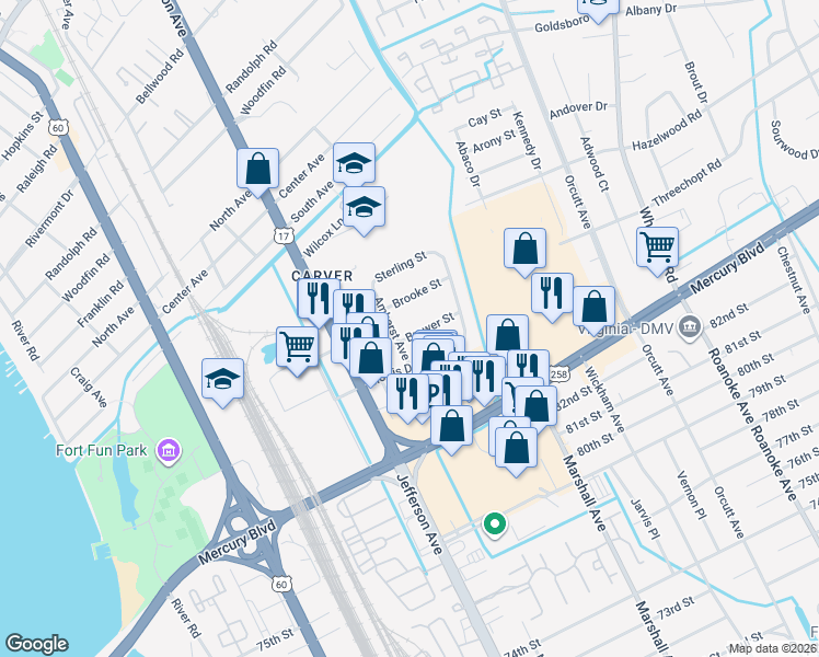 map of restaurants, bars, coffee shops, grocery stores, and more near 6103 Amherst Avenue in Newport News