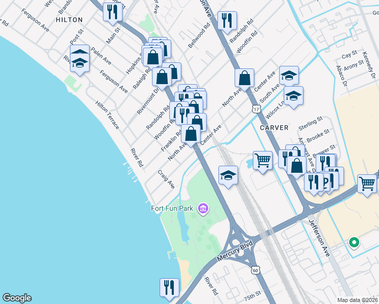 map of restaurants, bars, coffee shops, grocery stores, and more near 324 Center Avenue in Newport News