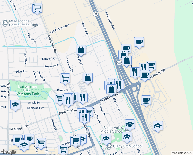 map of restaurants, bars, coffee shops, grocery stores, and more near 8585 Murray Avenue in Gilroy