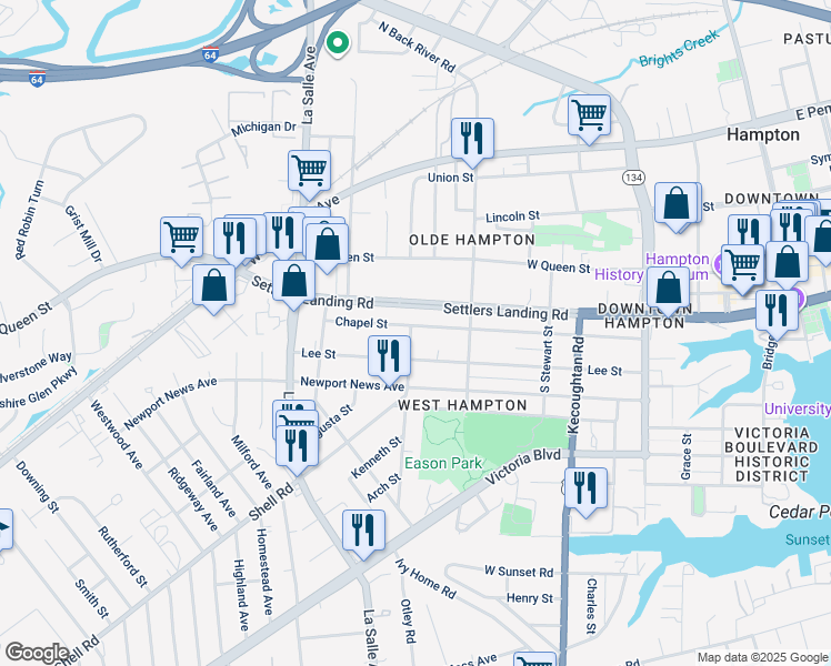 map of restaurants, bars, coffee shops, grocery stores, and more near 523 Chapel Street in Hampton
