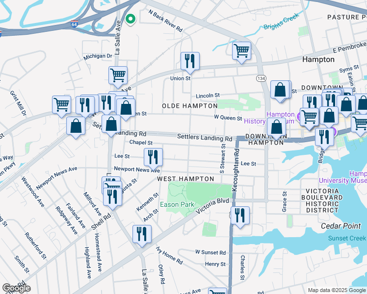 map of restaurants, bars, coffee shops, grocery stores, and more near 523 Chapel Street in Hampton