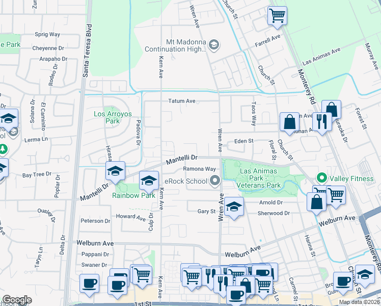 map of restaurants, bars, coffee shops, grocery stores, and more near 783 Mantelli Drive in Gilroy