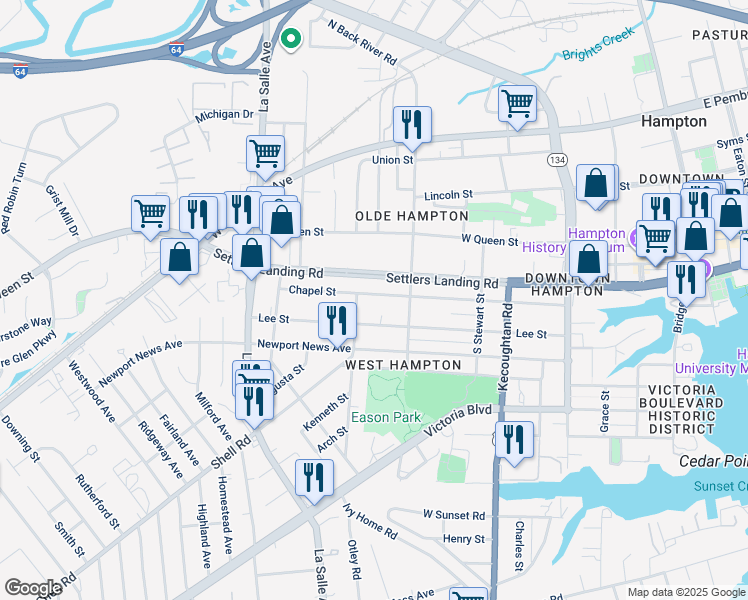 map of restaurants, bars, coffee shops, grocery stores, and more near 517 Chapel Street in Hampton
