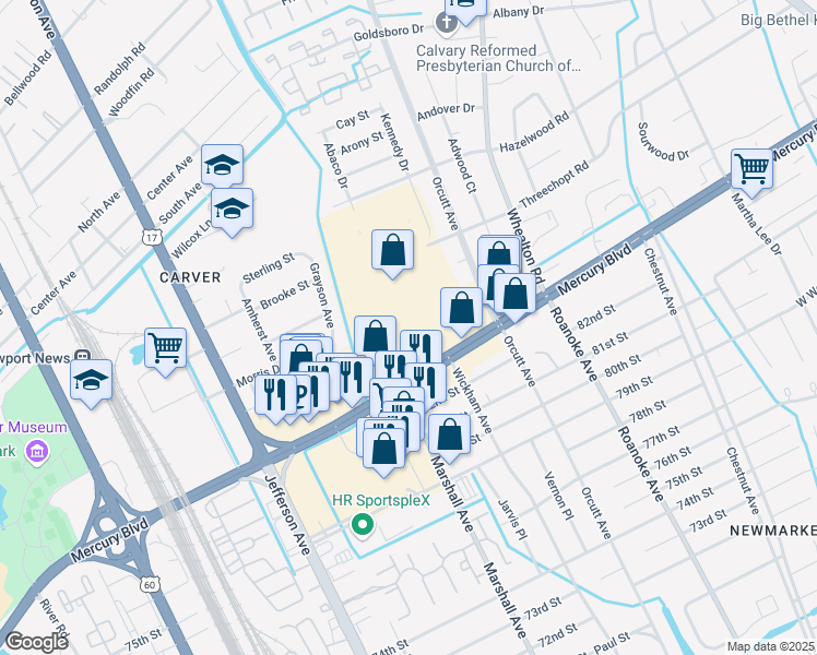 map of restaurants, bars, coffee shops, grocery stores, and more near 100 Newmarket Fair Mall in Newport News