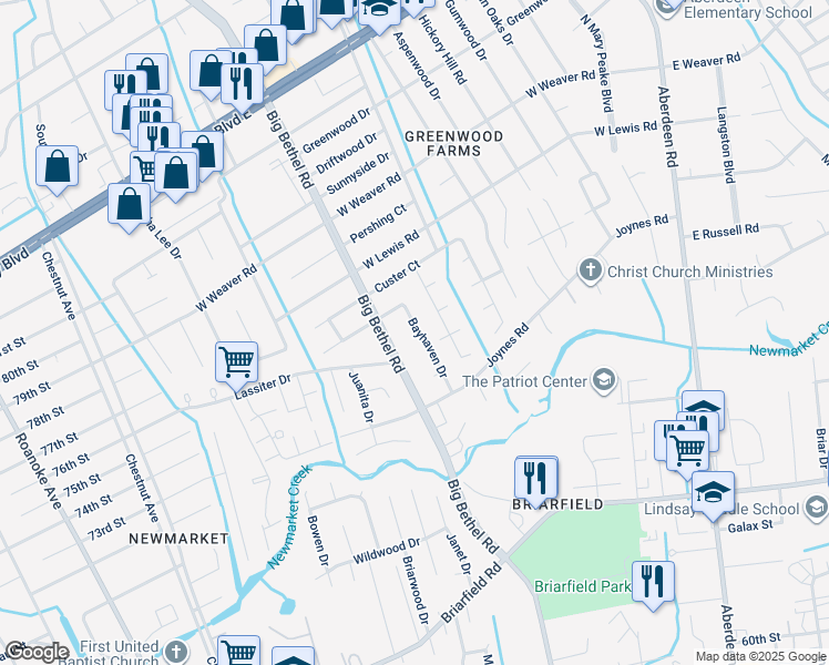 map of restaurants, bars, coffee shops, grocery stores, and more near 121 Bayhaven Drive in Hampton