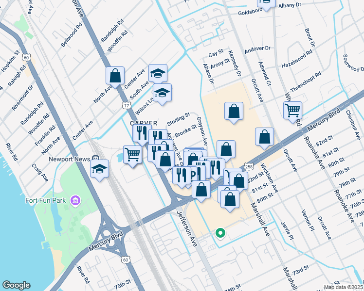 map of restaurants, bars, coffee shops, grocery stores, and more near 622 Brooke Street in Newport News