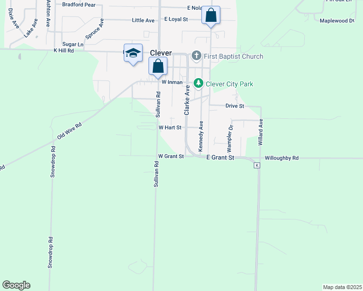 map of restaurants, bars, coffee shops, grocery stores, and more near 511 Clarke Avenue in Clever