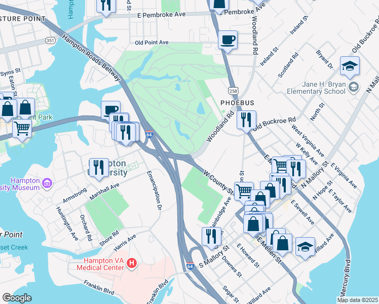 map of restaurants, bars, coffee shops, grocery stores, and more near 9 Woodland Road in Hampton