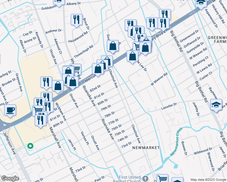 map of restaurants, bars, coffee shops, grocery stores, and more near 4804 81st Street in Newport News