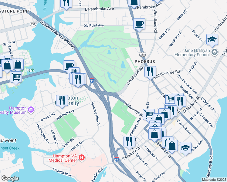 map of restaurants, bars, coffee shops, grocery stores, and more near 124 West County Street in Hampton