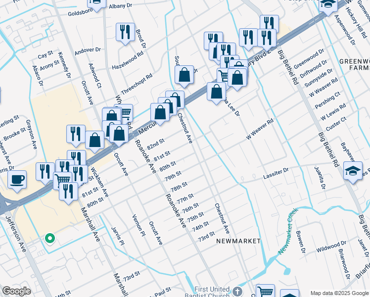 map of restaurants, bars, coffee shops, grocery stores, and more near 4804 81st Street in Newport News