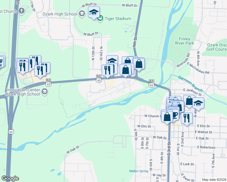 map of restaurants, bars, coffee shops, grocery stores, and more near 1108 West Jackson Street in Ozark