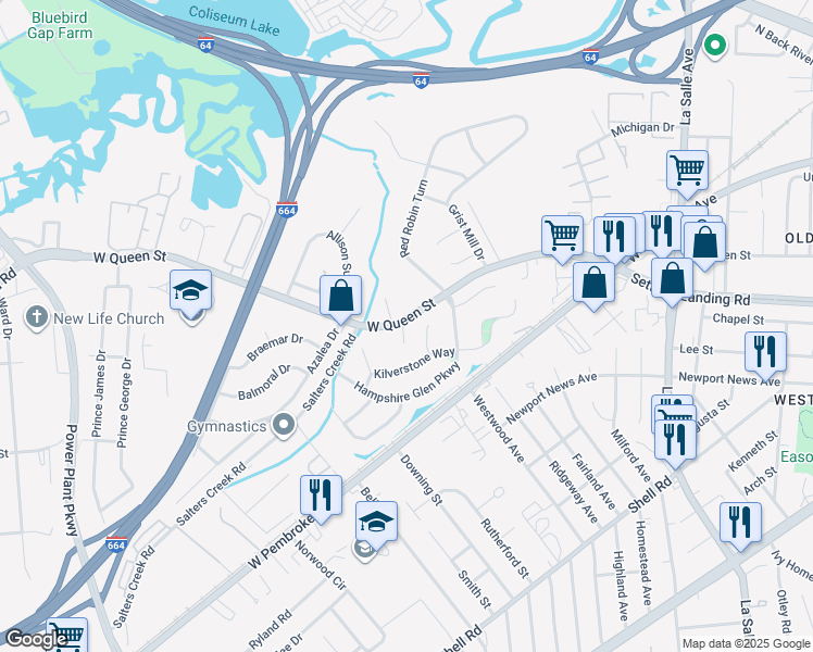 map of restaurants, bars, coffee shops, grocery stores, and more near 1351 West Queen Street in Hampton