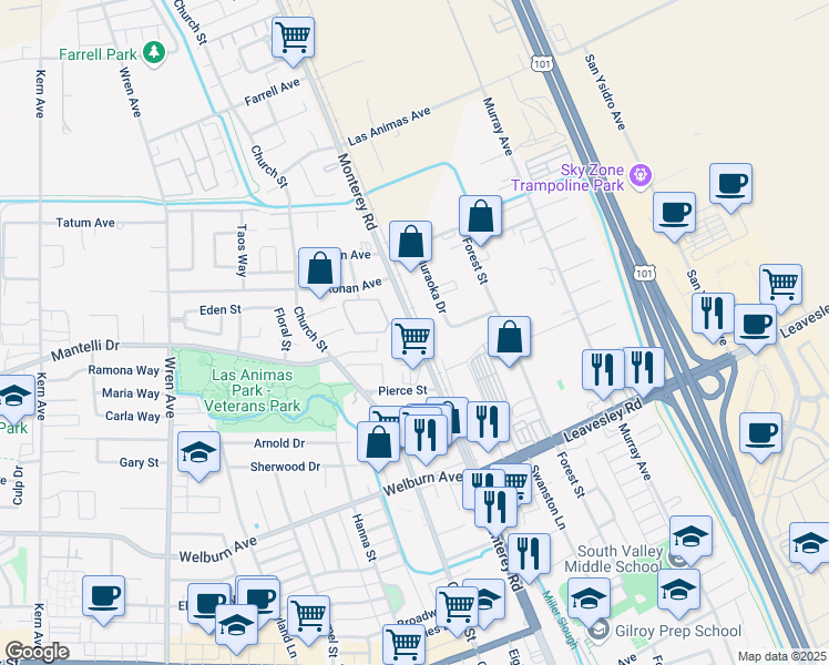 map of restaurants, bars, coffee shops, grocery stores, and more near 8600-8798 Monterey St in Gilroy