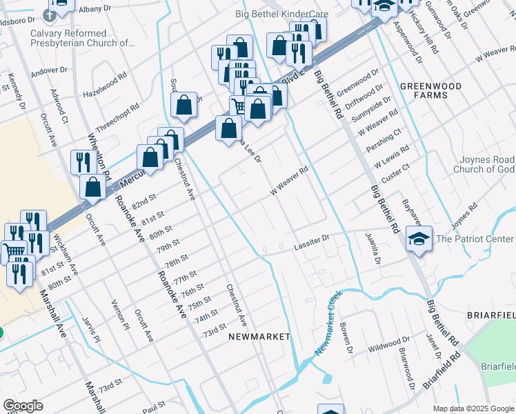 map of restaurants, bars, coffee shops, grocery stores, and more near 1310 79th Street in Newport News