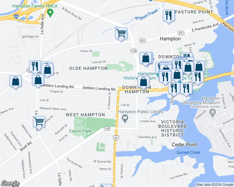 map of restaurants, bars, coffee shops, grocery stores, and more near 302 Chapel Street in Hampton
