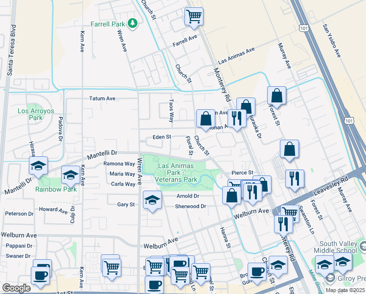 map of restaurants, bars, coffee shops, grocery stores, and more near 430 Canopy Court in Gilroy