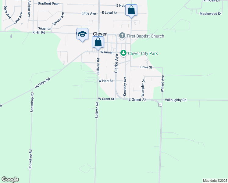 map of restaurants, bars, coffee shops, grocery stores, and more near 511 Clarke Avenue in Clever